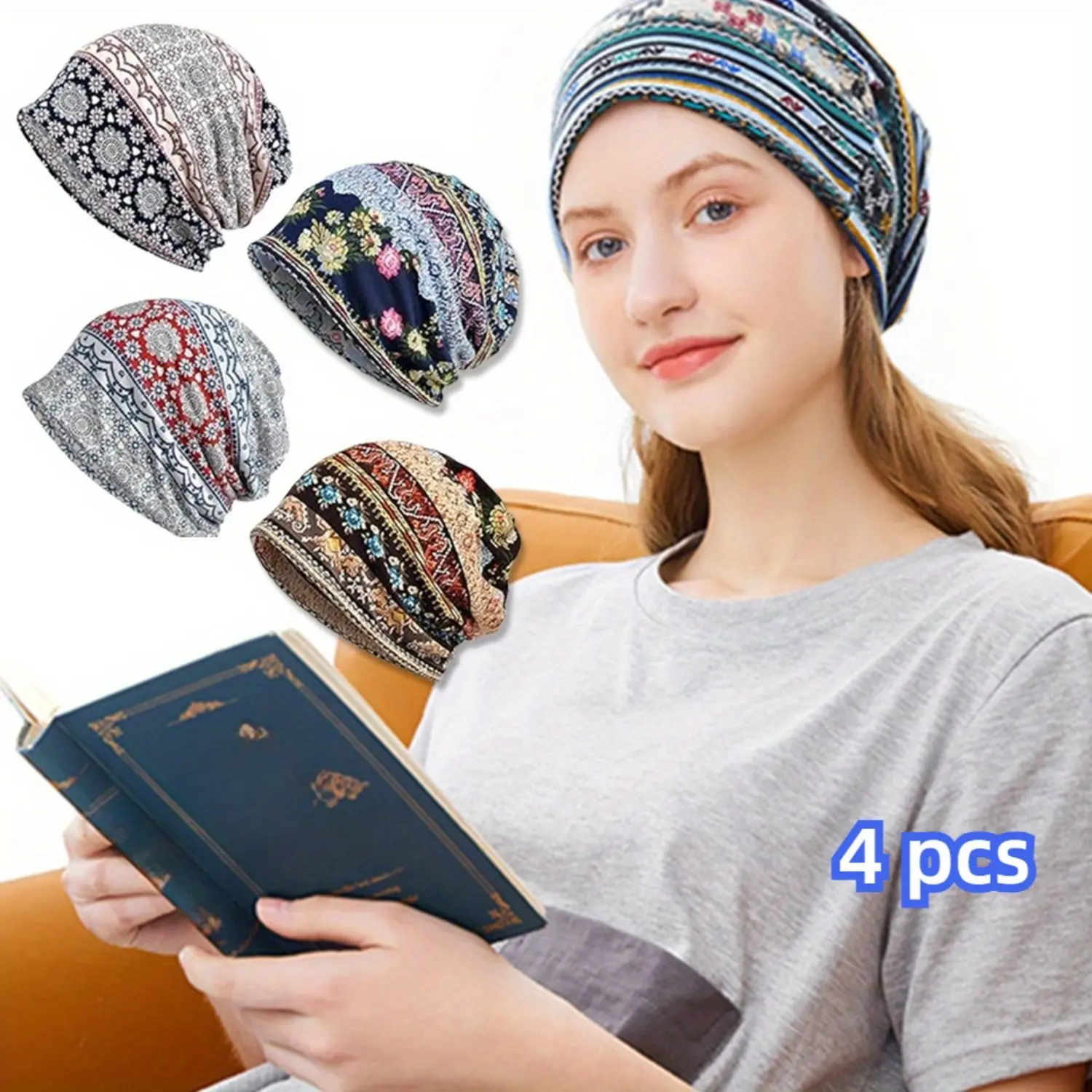 4-Pack Cotton Slouchy Beanie, Hip-Hop Soft Lightweight Cotton Skull Caps for Adults, Running Hair Accessory Gift for Men Women