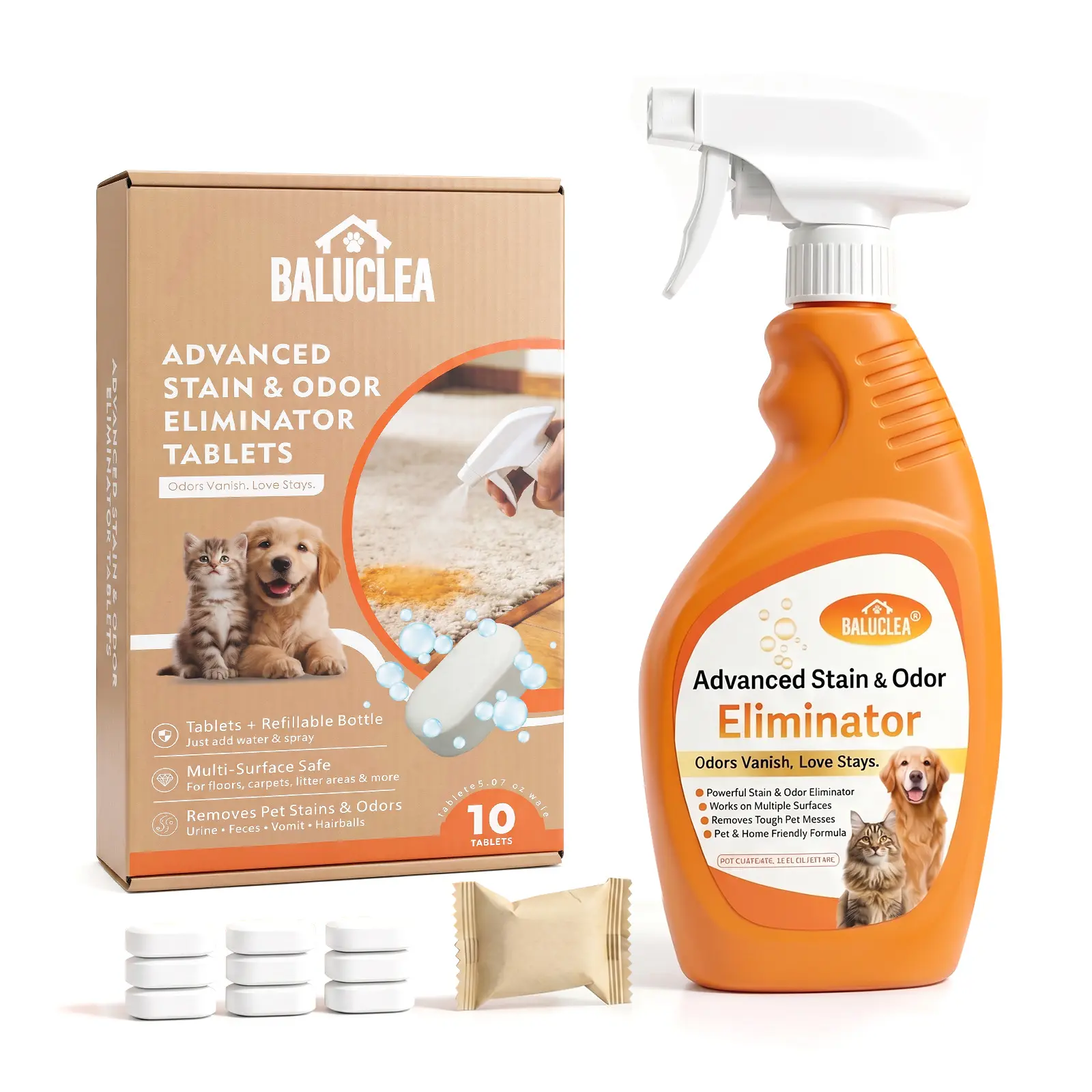 Advanced Pet Stain & Odor Remover Tablets - 10-Pack with Spray Bottle, 24-Pack Refills for Pet Beds, Carpets, Stain & Odor Removal
