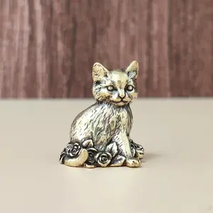 Brass Collectible Figurines Rose Flower Cat, Rose Design, Handcrafted Animal Sculpture, Statues, Decorative Desktop Decor, Christmas Gift, Spring Summer Present