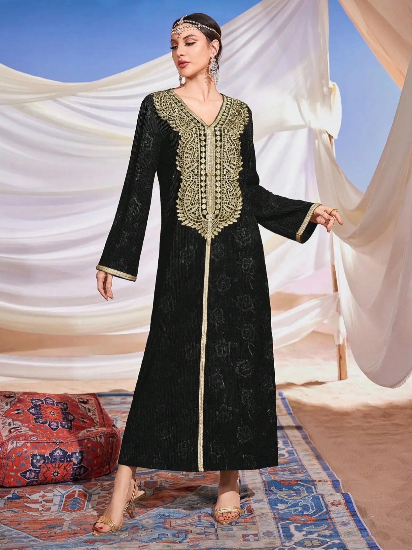 Women's Solid Embroidery Long Sleeve Dress, Modest Arabic Clothing, Women's Islamic Clothing for All Seasons
