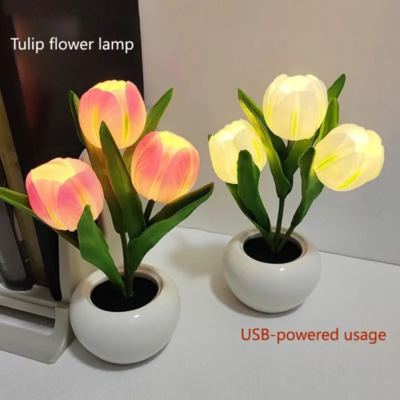 Tulip Night Light Simulation Flower Bouquet, Bedroom Bedside Decor Atmosphere Ornament, Home Decoration Fake Flowers with Lights, Led Mood Light, Decorative Atmosphere Lighting, Artificial Flower Lamp