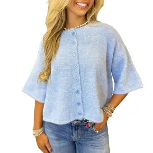 Znacicc Women's Soft Boxy Button-Down Cardigan 3/4 Sleeve Cropped Knit Ideal for Casual Outings Everyday Chic Looks