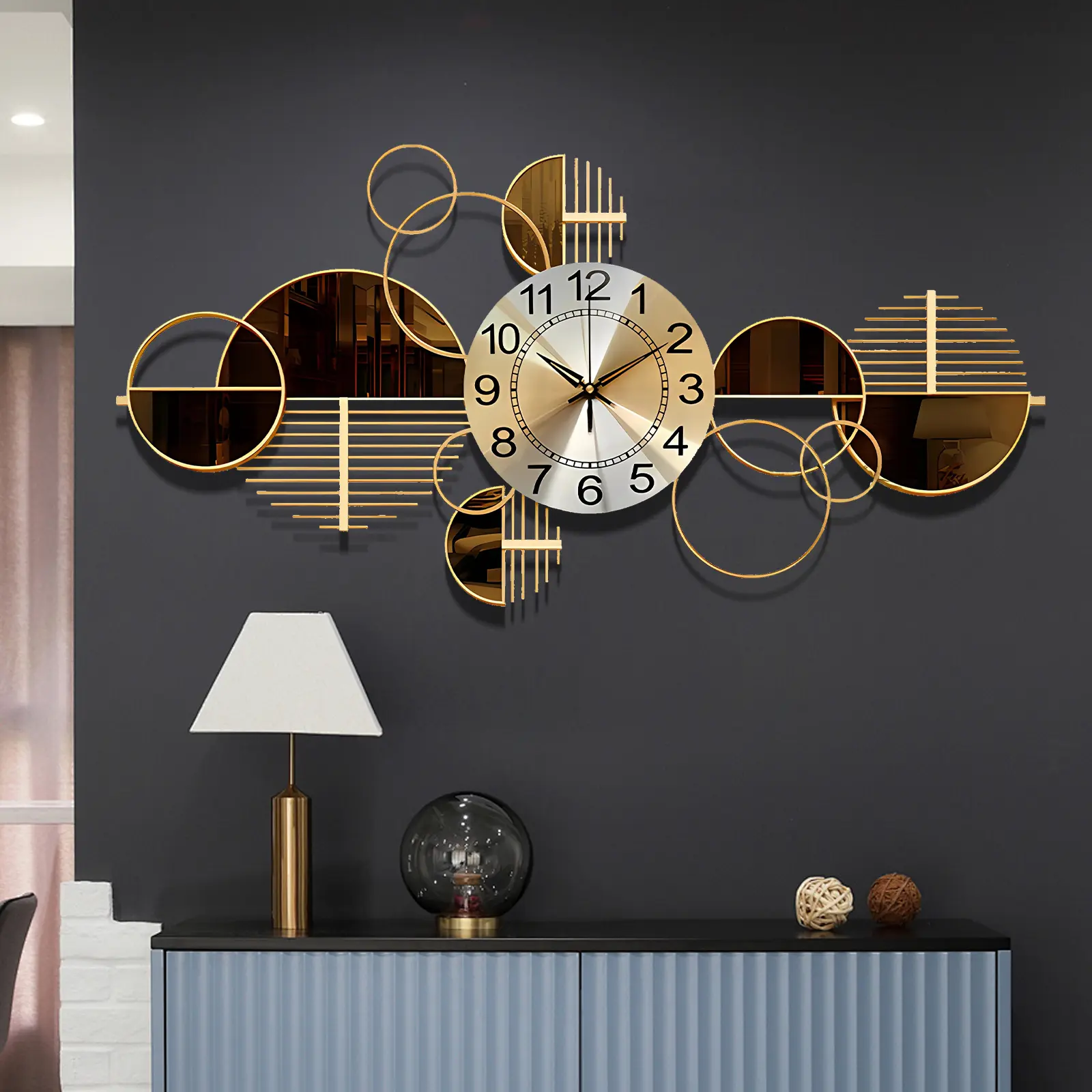 34 X 17 Inch Metal Wall Clock Decorative 3D Metal Wall Art Clock For Living Room Bedroom Creative Modern Big Wall Clock Decor With Silent No-Ticking