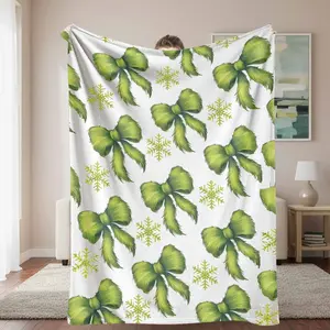 Flannel Blanket - Festive Bows, Elegant Green Ribbon & Snowflake Print, Ultra Soft Warm Cozy, Breathable Lightweight, Ideal for Home Decor & Christmas Gifting, Living Room/Bedroom Use, Breathable Lightweight Blanket, Flannel Blankets