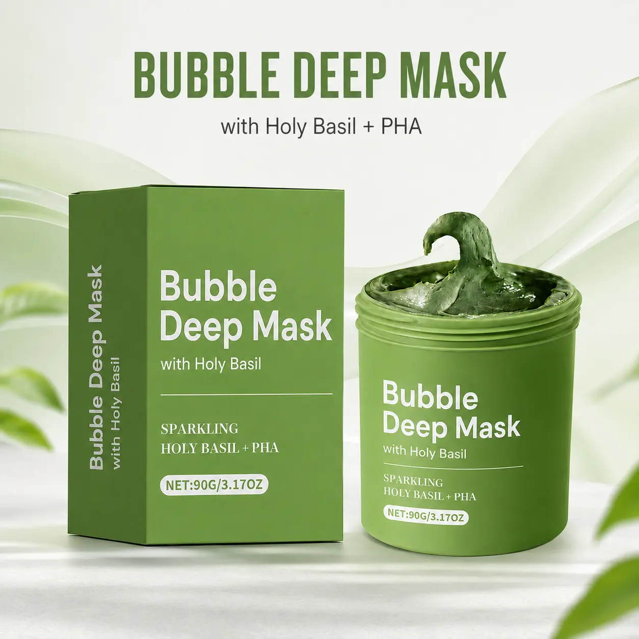 Holy Basil Green Cooling Clay-to-Bubble Face Mask, Vegan Wash-Off Mud Mask with Carbonated Water for Pore and Blackhead Cleansing, Suitable for All Skin Types, 90g / 3.17 oz