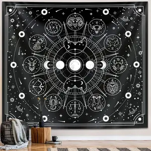 Zodiac Astrology Tapestry - Black and White Constellation Wall Hanging for Teen Girl's Bedroom, Living Room, Dorm (51x59 inches)