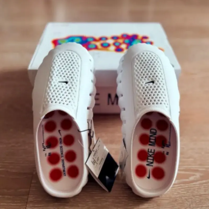 Unisex White Perforated Slip-on Clogs with Red Massage Dot Insole, Hollow upper ensures ventilation for home, shower and street casual styling