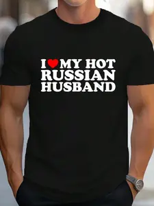 100% Cotton I Love My Hot Russian Husband T-Shirt Women's Men's Graphic Tee Crew Neck summer vacation Tops