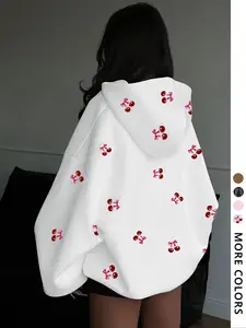Women's Butterfly Cherry Print Hoodie, Casual Fitted Sweatshirt, Young and Vibrant, Outdoor Campus Fashion, All Seasons