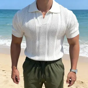 Men's American Brushed Cotton Ice Silk Polo Shirt, Breathable Open Weave Mesh Short Sleeve Hooded Polo, Comfort Slim Fit Knitted Tee