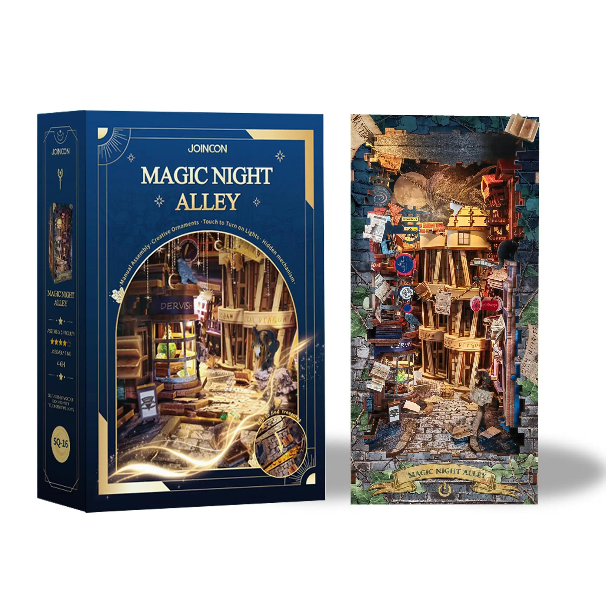 Magic Night Alley 3D Book Nook with Dust Cover, 1 Box DIY Wooden Bookshelf Insert DIY Miniature Kit, Bookend Stand with LED Light, Desktop Ornament fo