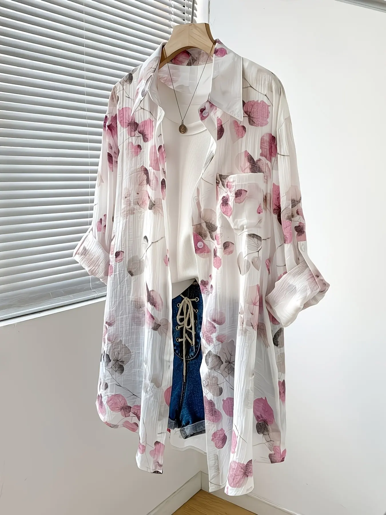 Plus Size Women's Floral Printed Long Sleeve Blouse, Casual Fitted Button Front Top, Plain Design for Spring & Fall, Long Length Clothing