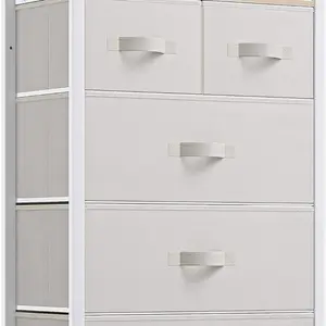 Fabric Dresser with 5 Drawers - Storage Tower with Large Capacity, Organizer Unit for Bedroom, Living Room & Closets - Sturdy Steel Frame, Wooden Top & Easy Pull Fabric Bins (Cream White)