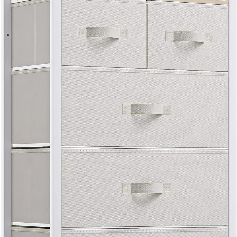 Fabric Dresser with 5 Drawers - Storage Tower with Large Capacity, Organizer Unit for Bedroom, Living Room & Closets - Sturdy Steel Frame, Wooden Top & Easy Pull Fabric Bins (Cream White)