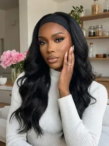 Black Headband Wig, Big Wave Glueless Long Curly Synthetic Wig, Heat Resistant Natural Looking Wig, Beginner Friendly Daily Wear Wig for Women 24 Inch, Synthetic Wavy Wig