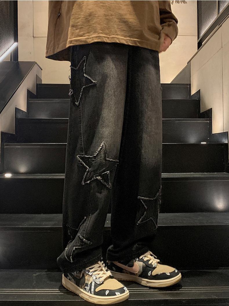 Jeans For Men or Women, High Street Cross Patch Embroidery, Loose Straight Wide Pants (button Holes Not Opened At Waist) Black Casual Streetwear Denim Beige Menswear Original Knife Traditional Trouser