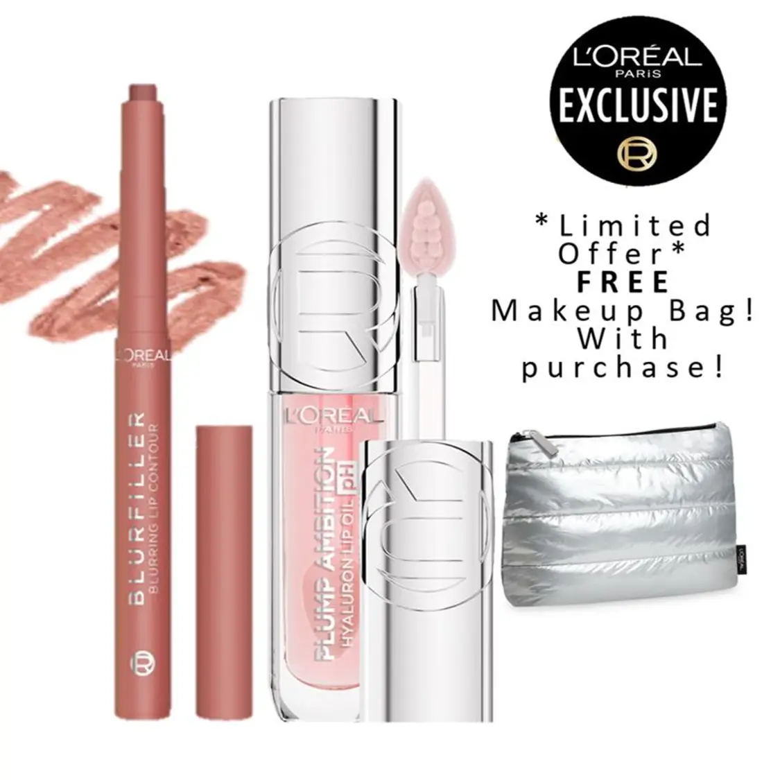 Blurfiller Blurring Lip Contour + Plump Ambition pH Hyaluron Lip Oil Duo, Pretty Girl Bundle, L'Oreal Paris Blurfiller Blurring Lip Contour + Plump Ambition pH Hyaluron Lip Oil Duo, Pretty Girl Bundle, L'Oreal Paris