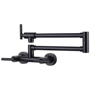 WOWOW Solid Brass Vintage Curved Arm Dual Handle Wall-Mounted Pot Filler Faucet - Oil Rubbed Bronze, Folding, Hot & Cold Water Compatible Kitchen Stove Fixture