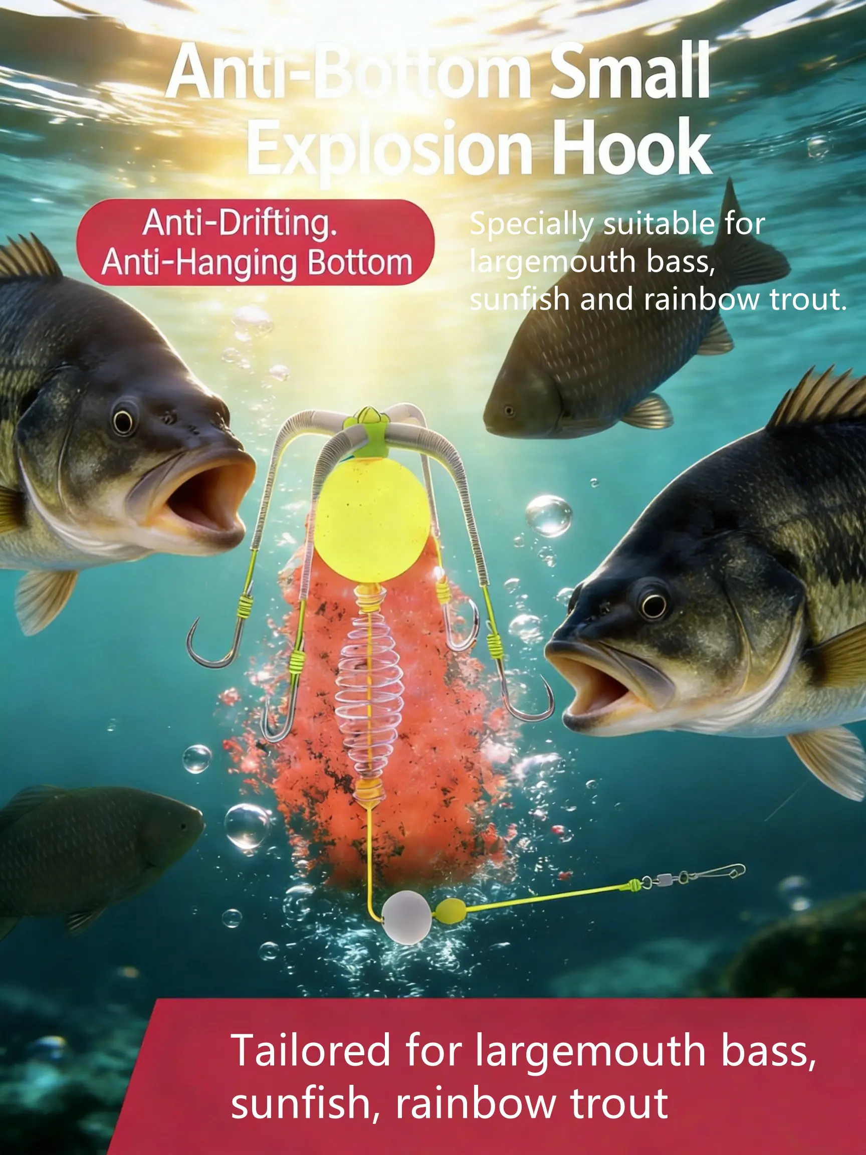Pre-Tied Off-Bottom Mini Explosion Rig, Fishing Equipment with ISEAMA & Chinu Hooks, Snag-Resistant for Largemouth Bass Slip Float Fishing