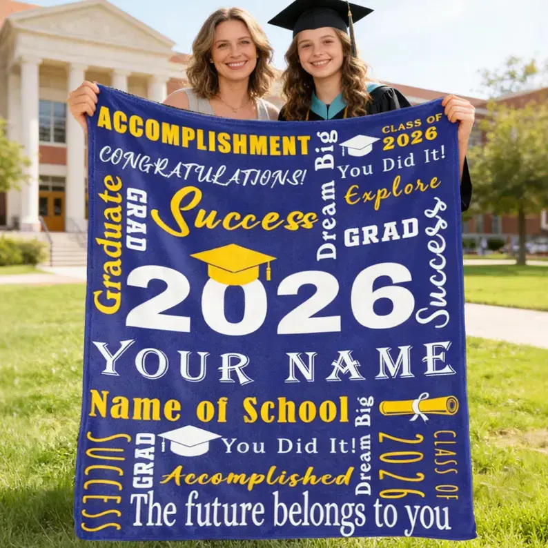 Personalized 2026 Graduation Flannel Blanket - Custom Senior Name Print, Multi-Size Soft Fabric Throw, Graduation Decorations 2026, High School Graduate Gift, Commemorative Home Linen, Personalized Blankets, Custom Print Blankets