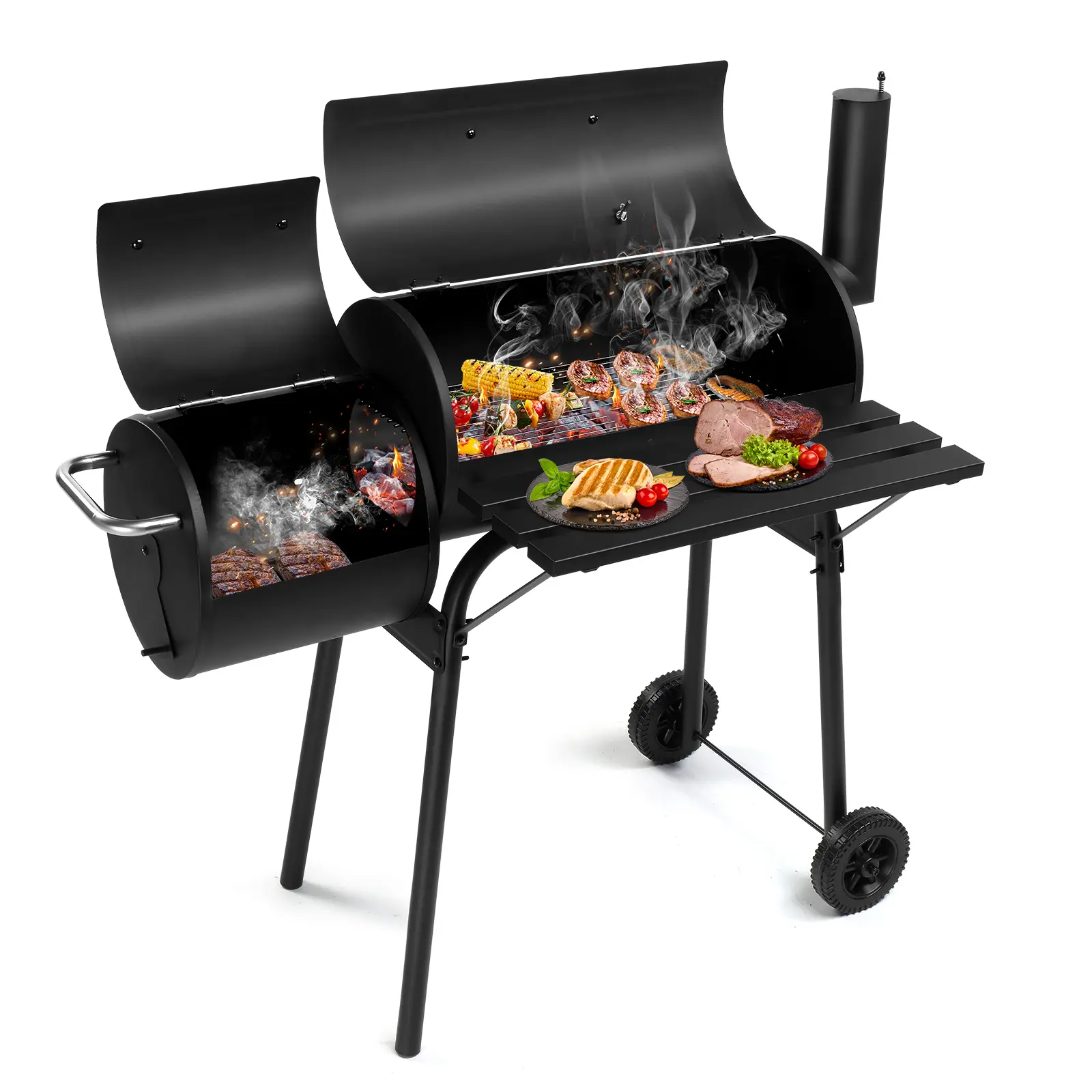Celcio&Co All-Metal Barrel Charcoal Grill with Offset Smoker, Thick Iron Construction, Precise Heat Control, Side Table, Wheels, Stainless Handles, Sturdy Rack, Outdoor Backyard Portable BBQ for Garden Use