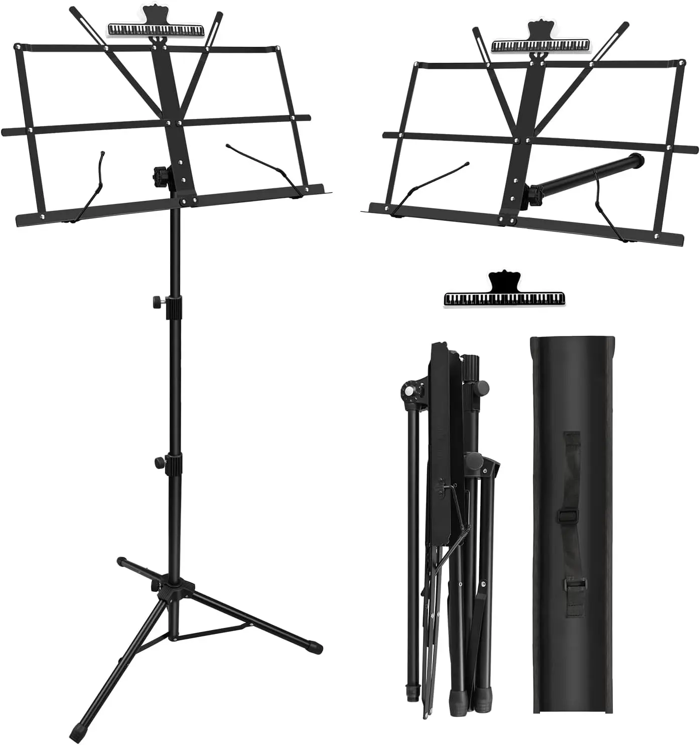 1 Pack Music Stand, 2 in 1 Dual-Use Folding Sheet Music Stand, Lightweight Portable Adjustable Desktop Book Stand with Music Sheet Clip Holder & Carrying Bag
