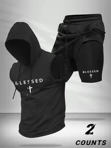 Men's Casual Fashion Athletic Activewear 2-Piece Set, Cross Pattern Letter Print Hooded Sleeveless Vest Top and Drawstring Waist Basketball Shorts