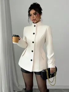 Women's Solid Button Front Coat, Casual Thermal Long Sleeve Outerwear for Spring & Fall, Coats & Jackets for Women, Ladies Clothes for Daily Wear, Casual Fitted Jacket