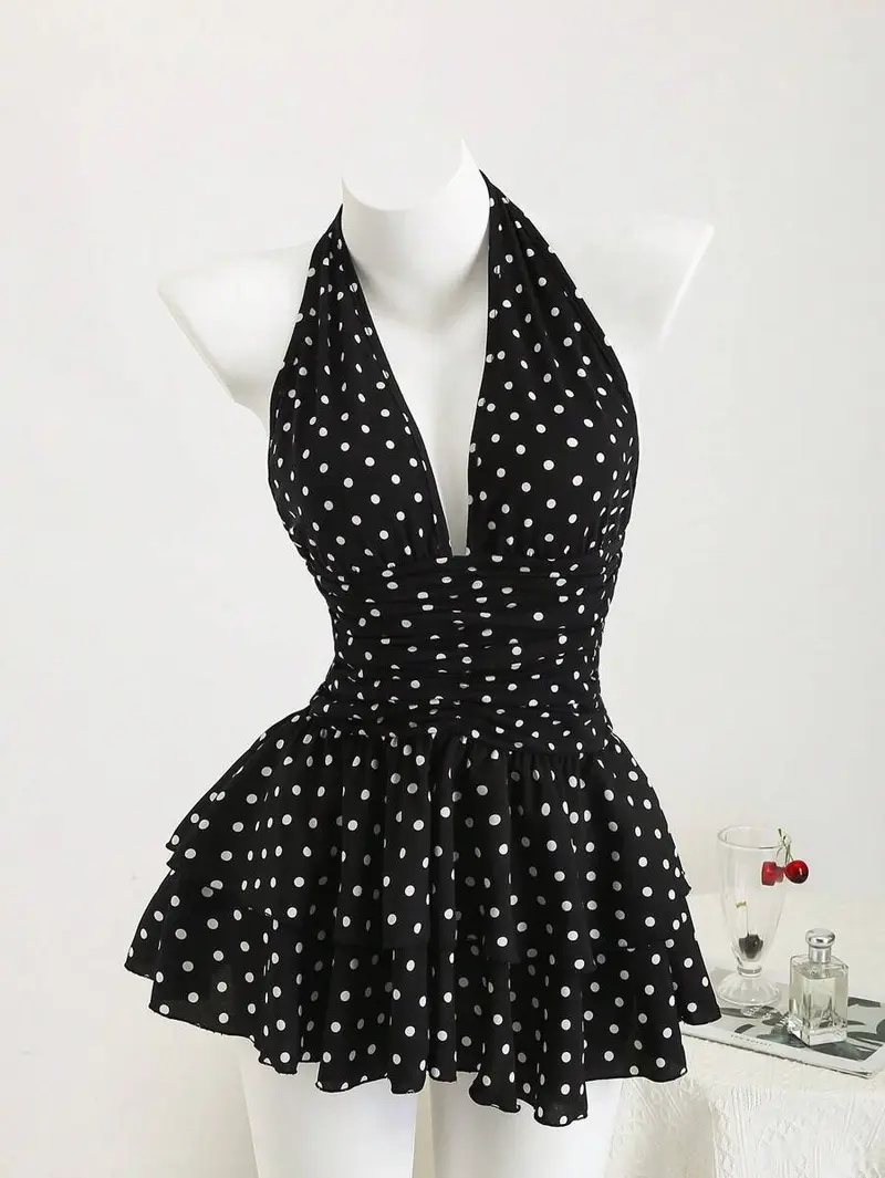 marguerite halter dress white polka - TikTok Shop