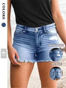 Summer Fashion Women's Mid-Waist Washed Denim Shorts, Elastic Casual Versatile Jeans, Solid Pattern, Fitted Style, Womenswear, Made in China