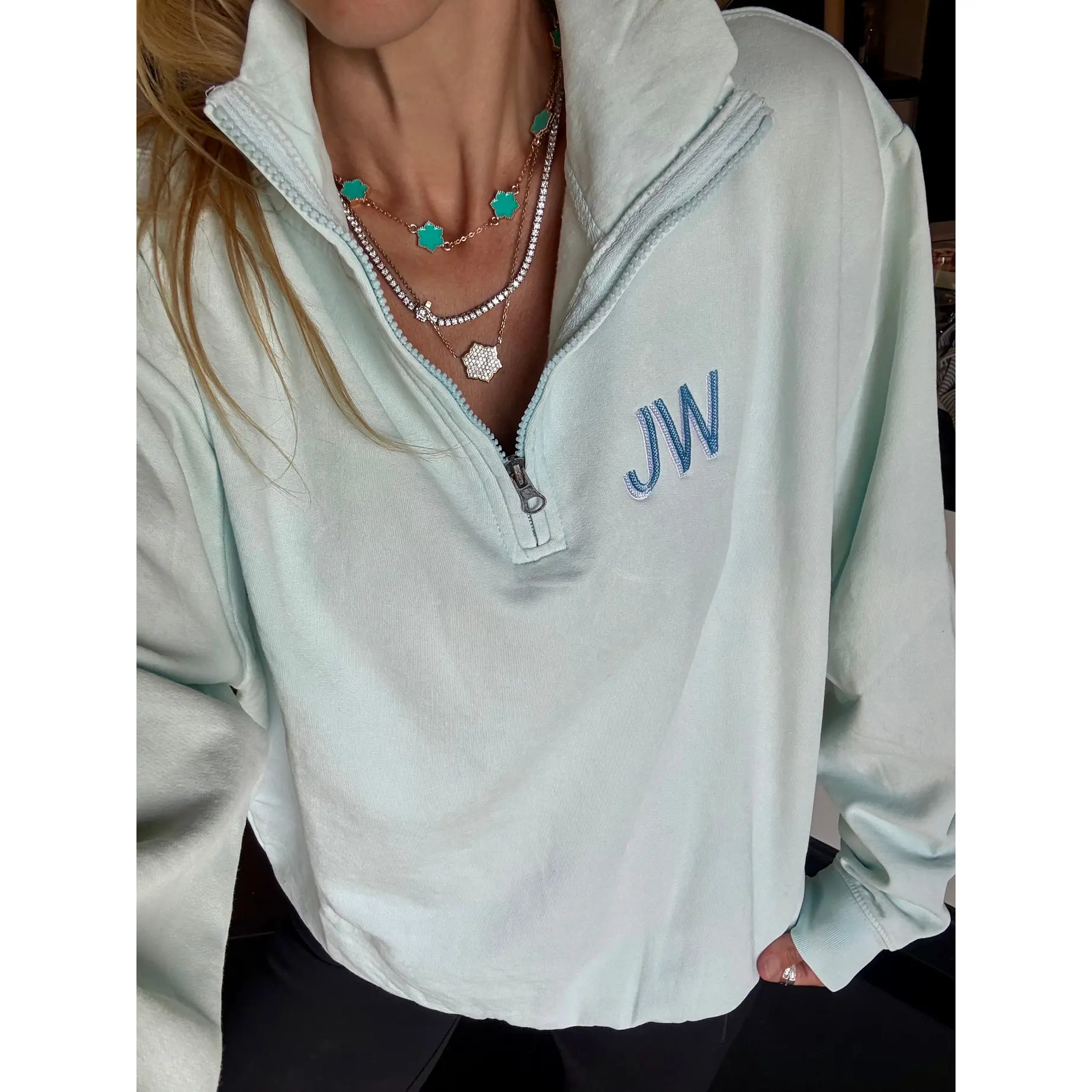 Baby Blue Embroidered Quarter Zip Pullover