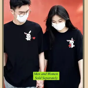 1pc Couple Matching T-Shirts – Cartoon Rabbit and Heart Print Cotton Tee, His & Hers Street Style Outfit, Anniversary or Wedding Gift, Men & Women Sold Separately Womenswear Bunny Clothes Love Red Streetwear Suits Baggy Casual Crewneck