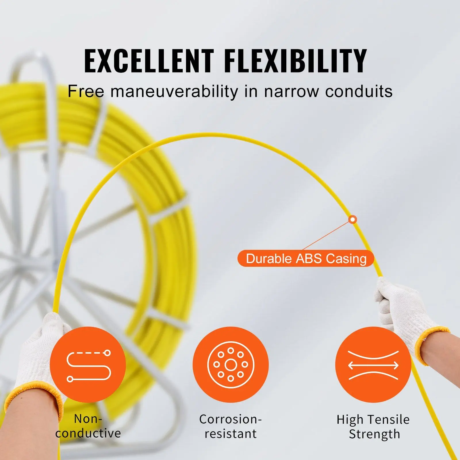 VEVOR Fiberglass Fish Tape Duct Rodder, 656 ft x 1/4 in Non-Conductive Wire Puller, Cable Running Rod with Steel Reel Stand, 3 Pulling Heads, Fishing Tool for Walls, Electrical Conduit