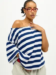 Blue & Yellow Stripe Off-the-Shoulder Oversized Tee | Retro & Bold Aesthetic | Loose & Voluminous Fit | Versatile Streetwear | Perfect for Statement-Making Style | 2026 Viral Fashion