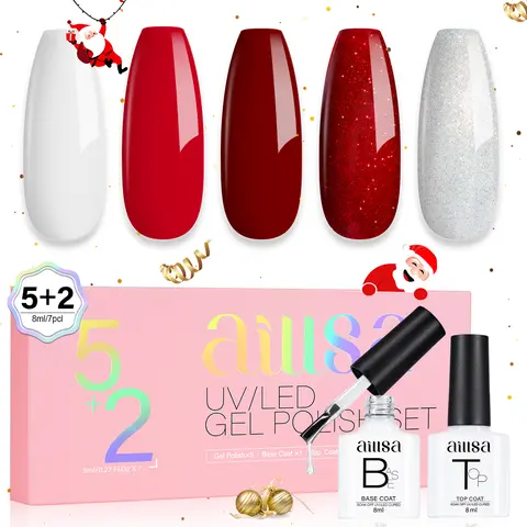 AILLSA 7PCS Gel Nail Polish Set - 5Colors Glitter, White, Red, Base & Top Coat for DIY Manicure & French Tips - Long-Lasting Shine, Natural Application, Perfect Gift for Women & Girls - Cutics, French Tips Gel