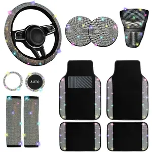 12-Piece Shiny Car Accessories Set for Women, Full Set of Car Mats, Steering Wheel Cover, Seat Belt Cover, Cup Mat, Universal for Cars, SUVs, Trucks, and Vans, Multi-Color