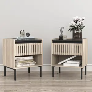 Set of 2 Modern Fence Nightstands ,Boho Khaki Bedside Table Set of 2, End Table with Open Storage Space & Metal Legs, Bedroom Night Stand