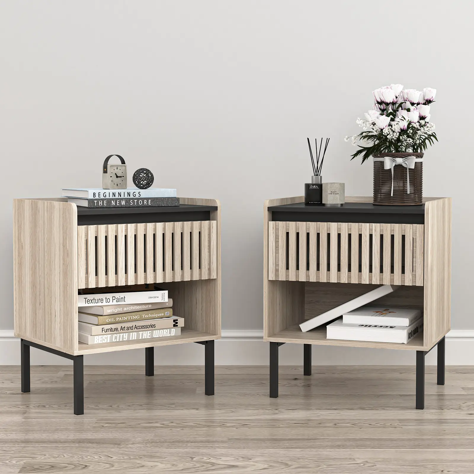 Set of 2 Modern Fence Nightstands ,Boho Khaki Bedside Table Set of 2, End Table with Open Storage Space & Metal Legs, Bedroom Night Stand