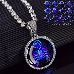 1pc 12 Constellations Zodiac Signs Necklaces Aries Scorpio Leo Virgo Pisces Capricorn Glass Dome Rhinestones Pendant Chains Necklace for Men and Women Astrology Fashion Jewelry Birthday Gift