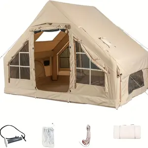 Portable Waterproof Pop-Up Tent 4 Season Oxford Log Cabin Inflatable Camping Tent with Hand Pump Waterproof Windproof for Outdoor Adventure