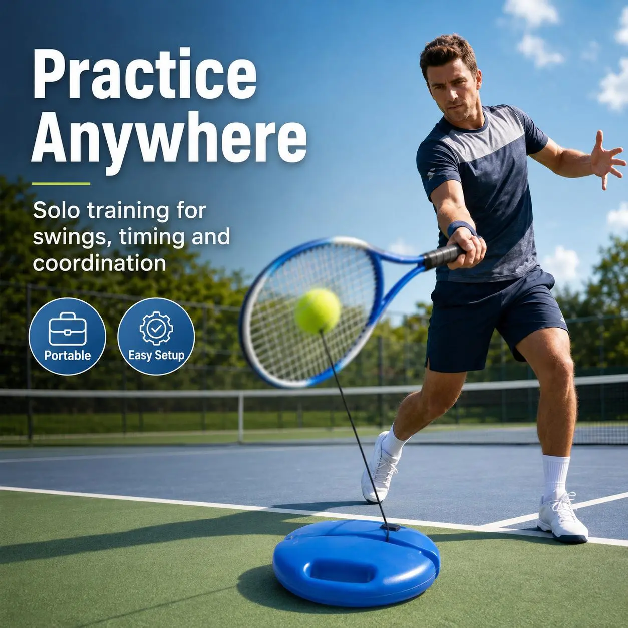 Solo Tennis Trainer Rebound Set with Racket & 2 Balls - Portable Self-Practice Equipment
