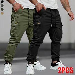 Set of 2 men’s street workwear cargo pants with multiple pockets and drawstring — long jogger-style pants suitable for all seasons for casual outdoor work | Street-style cargo pants | Functional apparel