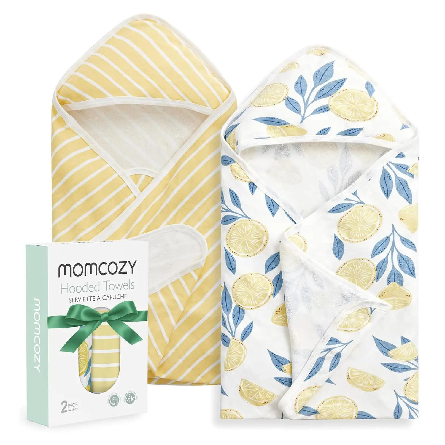 Baby Hooded Towel, 2 Pack Baby Towel Set, Super Soft Bath Towel with Original Design, Shower Gifts for Infant, Toddler (28 X 28 Inch, Lemon Leaves)