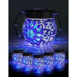 Mosaic Solar Lights Outdoor 6 Pack, Solar Hanging Lanterns Christmas Halloween Gifts for Women Mom Grandma,  Glass Globe Lights, Garden Patio Decor for Yard, Tree, Balcony, Cold