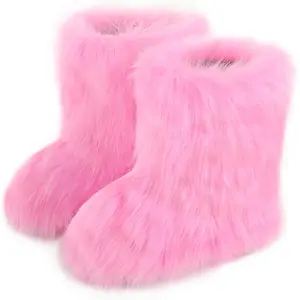 Women's Faux Fur Boots Furry Snow Boots Fuzzy Winter Shoes Fluffy Mid-Calf Flat Boots