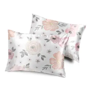 Sweet Jojo Designs 2-Piece Satin Pillow Cases (Pink/Grey Boho Floral) for Girls, Bed Hair & Skin Standard Decorative, Soft, Silky, Shiny, Queen Pillowcase Sham Cover Set (Luxury, Watercolor, Elegant)