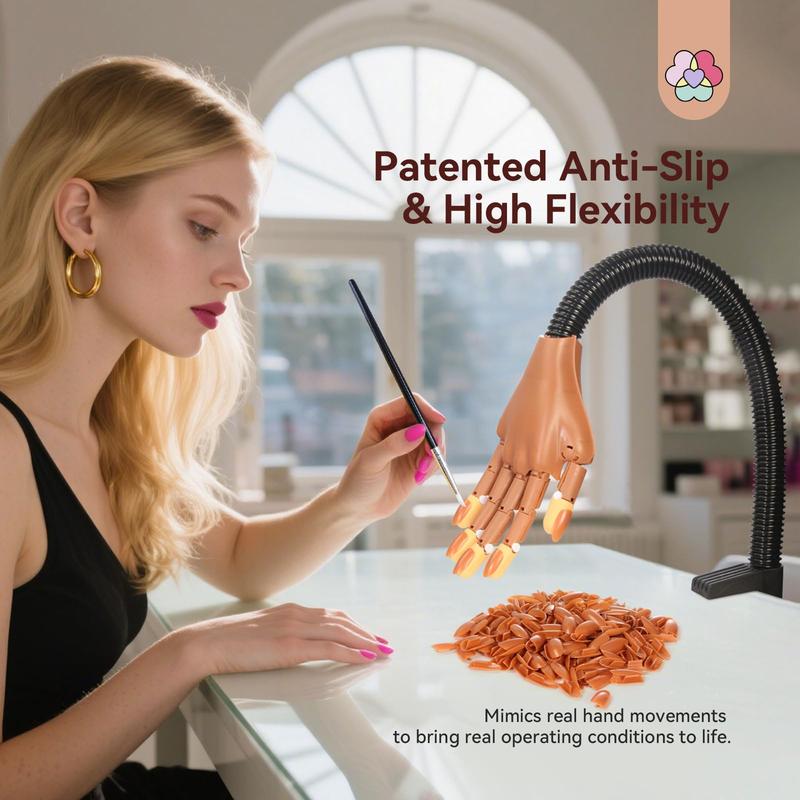 Practice Hand for Acrylic Nails, Flexible Moveable Fake Hands, Manicure Trainng Hand Nail Kit for Beginners, Movable Nail Maniquin Hand with 200PCS Nail Tips, Nail Glues, Brush and Clipper