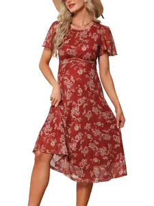 INSPIRE CHIC Maternity Flowy Floral Dress Midi Baby Shower Photoshoot Formal Casual Pregnancy Dress Summer