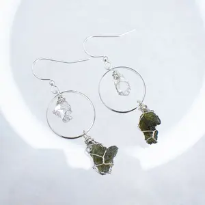 Moldavite and Herkimer Hoop Silver Earrings authentic with certificate moldavite crystal from Czech republic. Made to order! elegant all-match raw diamond rocks