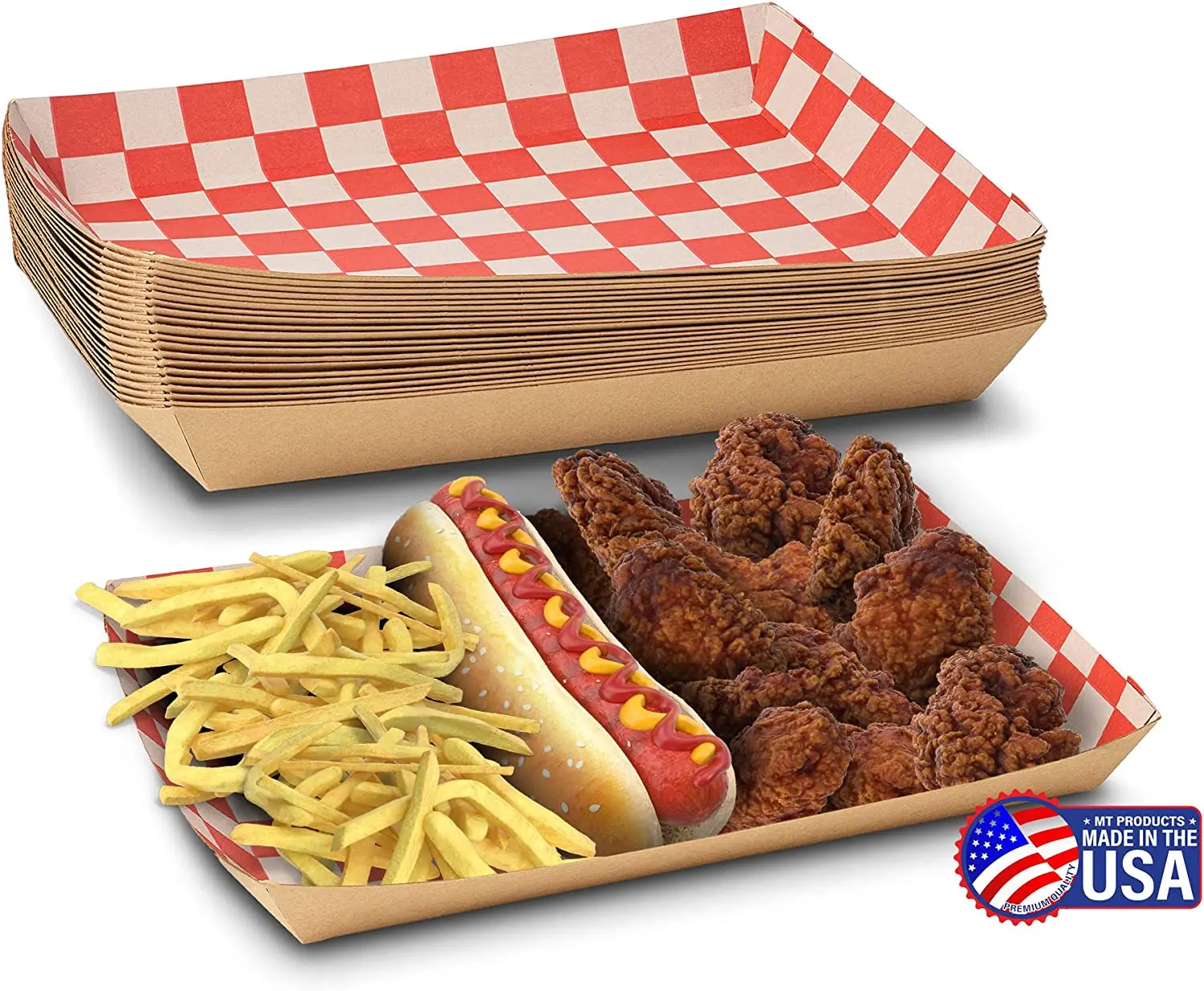 MT Products Disposable Rectangular Stripes Red & White Paper Lunch Tray - 10" Microwave-Safe Cafeteria Food Tray for Business Use